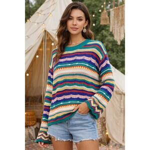 First Love‎ Multicolor Crochet Open Knit Sweater Size Large Boho Retro Layering